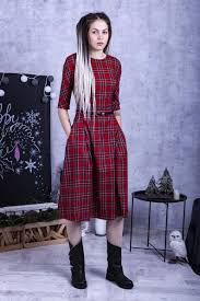 Plaid Cocktail Dress Tartan Casual Dress With Pockets Midi Etsy In 2020 Plaid Cocktail Dress Casual Dress Red Tartan Skirt