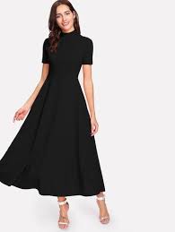 Mock Neck Hidden Pocket Flowy Dress Dress181009739 42 00 Moonbaye Com Flowy Midi Dress Fit Flare Dress Flare Dress