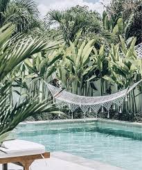 Light Blue Pool Tropical Vibe Boho Hammock Swimming Pool Designs Pool Designs Small Pool Design