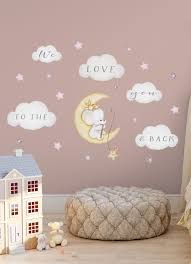 Pink Nursery Wall Sticker Elephant Wall Decal Moon Wall Sticker Stars Nursery Decal Elephant Stick Elephant Nursery Wall Baby Room Wall Stickers Baby Room Wall