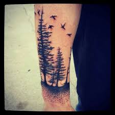 Black Ink Trees With Flying Birds Tattoo On Right Forearm Forearm Tattoo Men Tattoos For Guys Forearm Tattoos