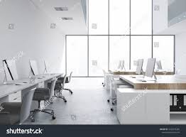 White Open Space Office Interior With White And Wooden Tables And Rows Of Computers On Them A Two Floor Office Wit Open Space Office Office Interiors Interior