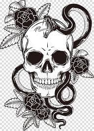 White And Black Floral Skull And Snake Sleeve Tattoo T Shirt Skull Skull Print Transparent Background Png Cli Skulls Drawing Skull Sketch Skull Illustration