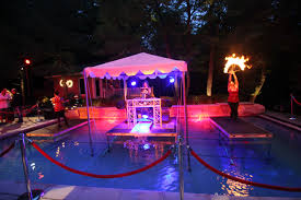 Dj And Fire Dancers On A Stage In The Pool Fire Dancer Beach Themes Event Decor