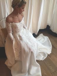 Elegant Off Shoulder Sweep Train Satin Chiffon Wedding Dress With Lace Long Sleeves Lace Weddings Wedding Dresses Dream Wedding Dresses