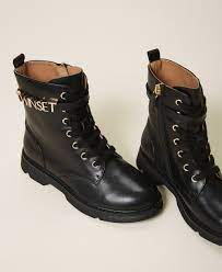 Bottines cuir semelle compensé sinclair. Bottines Motardes En Cuir Avec Logo Enfant Noir Twinset Milano
