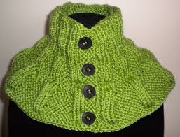 Knitted drops neck warmer in garter st in verdi. Button Up Scarflette Neck Warmer Knitting Pattern