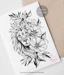 Lion Flowers Tattoo Design Instant Download Original Print Graphic Drawing Lion Tattoo With Flowers Lion Tattoo Sleeves Lion Head Tattoos