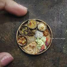 Miniature Handmade Indian Thali Scale 1 12 Everything Handmade From Clay Items From Left Roti Potato With Gravy Pal Miniature Food Food No Salt Recipes