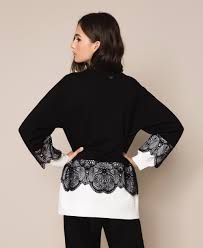 Haut à épaules découvertes en coton. Pyjama Long Avec Dentelle Femme Noir Twinset Milano