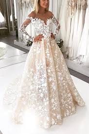 A Line Lace See Through Tulle Neckline Long Sleeves Wedding Dress N1116 Long Sleeve Wedding Dress Lace Low Cost Wedding Dresses Wedding Dress Champagne