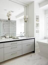 White And Gray Bathroom With Niche Shelves Over Tub Transitional Bathroom Mirror Wall Bathroom Large Bathroom Mirrors Bathroom Mirror Frame
