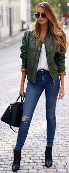 Black Boots With Blue Jeans Womens Hunter Green Jacket Over White Top And Blue Jeans With Black Boots Bomber Jacket Fashion Fashion Bomber Jacket Outfit