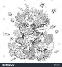 Hand Drawn Underwater Natural Elements Sketch Of Reef Corals And Swimming Fishes Monochrome Coral Colony On R Coral Drawing Coral Reef Art Coral Reef Drawing