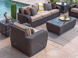 Outdoor Patio Biscayne Sangria Outdoor Wicker And Flagship Stone Cushion 3 Pc Sofa Group With 48 X 28 In Coffee Table 7190791 Wicker Sofa Outdoor Outdoor Wicker Outdoor Comfort