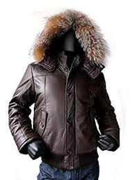 Men S Winter Warm Genuine Leather Bomber Jacket With Real Fur Hood Brown Navy Black Review Leather Bomber Jacket Quilted Jacket Men Men S Coats And Jackets
