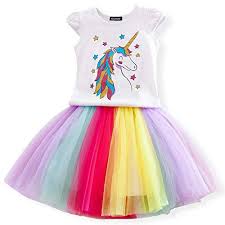 Nnjxd Robe De Loisir Pour Petites Filles Licorne T Shirt Imprime Jupe Arc En Ciel Taille 120 4 5 Ans Blanc Childrens Dress Unicorn Dress Girls Party Dress