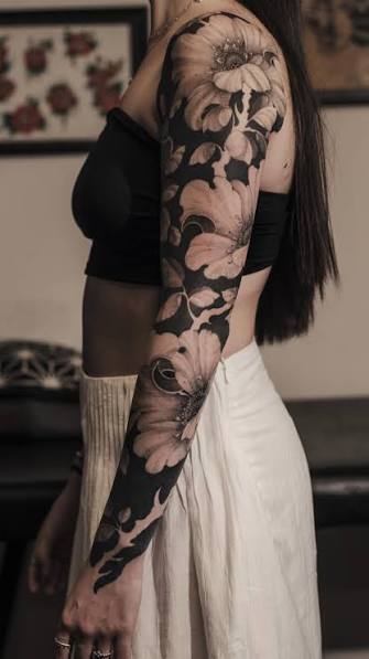 DM for appointments., Los Angeles, California.🇺🇸, Healed full sleeve. Camellia flowers., Blackwork with heavy black and contrast, ., #tattoos #blackwork #japaneseflower