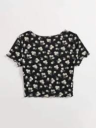 Shein Notch Neck Lettuce Trim Daisy Floral Top Shein Eur