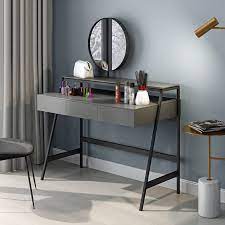 Modern 2 Tier Makeup Vanity Table Stainless Steel Frame With 3 Drawers Round Mirror Set Small La Vanity Table Makeup Table Vanity Stainless Steel Furniture