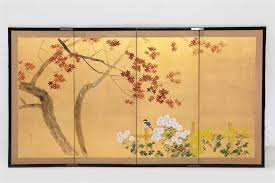 Set in a natural wood frame with a lovely cerused finish, and silk brocade border. Lot A Japanese Four Panel Painted Silk Screen Modern