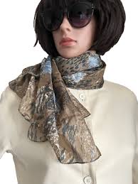 David Lawrence Featherlight Long Silk Scarf Beige Blue Animal Print 70" X  21"