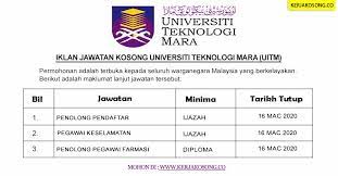 Unit pengurusan sumber manusia, bahagian pentadbiran, universiti teknologi mara, cawangan sabah, beg berkunci 71, 88997 kota kinabalu. Jawatan Kosong Uitm Jawatan Pentadbiran