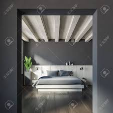 Beedroom bedroom pinterest room ideas bedrooms and room description: Interior Of Master Bedroom With Gray Walls Dark Wooden Floor Big Bed With Two Bedside Tables And Large Archway 3d Rendering Stock Photo Picture And Royalty Free Image Image 129352010