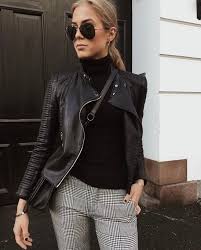 Tweed Trousers Black Polo Neck Silver Trim Leather Jacket New Biker Silver Boots Short Black Handbag Leather Black Leather Jacket Fashion Black Jacket Outfit
