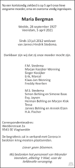 Overlijdensberichten in dagblad van het noorden hier vindt u de overlijdensberichten die in de afgelopen week zijn geplaatst in dagblad van het noorden. Maria Stedema Bergman 05 04 2021 Overlijdensbericht En Condoleances Mensenlinq Nl