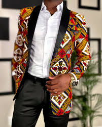 Gbemi Men's African Print Ankara Tuxedo Jacket Blazer in Red Yellow White  and Black - Chimzi