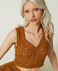 Top cropped in filato Treeblend Donna, Marrone