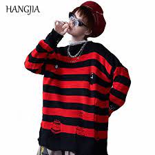 Red and black striped sweater. Women S Black Red Striped Knit Sweaters Autumn Winter Hole Ripped Pullovers Women Fashion Oversized Jumpers All Match Clothing Pullovers Aliexpress