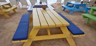 Blog Sunbrella Rain Bench Cushions Add Playful Vibe To Beach Picnic Tables Patio Lane Picnic Table Bench Picnic Table Diy Picnic Table