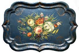 The smallest in my collection, a 7 tray has a home on the kitchen desk. Antique Hand Painted Toleware Blue Chippendale Floral Tole Tray