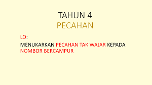 Pecahan tak wajar ialah pecahan yang mempunyai pengangka (numerator) matematik 1 2 3. Tahun 4 Pecahan Flip Ebook Pages 1 5 Anyflip Anyflip