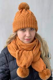 Burnt Orange Knit Hat And Scarf Set Pom Pom Beanie Hat And Etsy Knitted Hats Knitted Hat And Scarf Set Hat And Scarf Sets