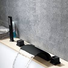 Certified to cupc and nsf 61, lead free matched finish metal drain assembly and supply hoses included. Modern Bath Mixer Tap Waterfall Tub Faucet With Handheld Sprayer Black Deck Mount Shower Tap
