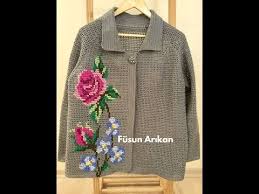 Tig Isi Kafes Orgu Uzerine Kanavice Isleme Hirka Crossstitch On Crochet Cardigan Youtube Orgu Kanavice Tig Isleri