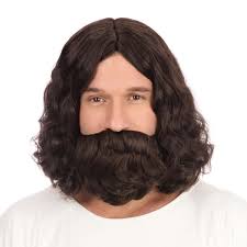 Adult's Men's Hippy Hippie Jesus Brown Beard + Wig Set Fancy Dress  Accessory