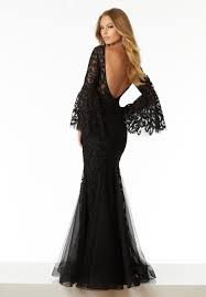 Form Fitting Prom Dress Beaded Lace On Net With Bell Sleeves