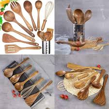 Mr&mrs white kitchen utensil set. Kitchen Utensil Set Wood 9 Pack Wooden Cooking Utensils With Holder Natural Tea Ebay