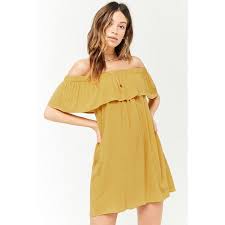 Forever 21 Flounce Off The Shoulder Dress Mustard 13 Liked On Polyvore Featuring Dresses Mustard Ruffle Sleeve Dress Off Shoulder Dresses Flounced Dress