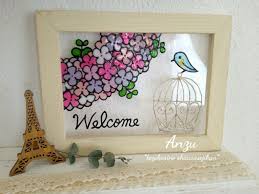 オーダーの紫陽花と鳥かごのステンドグラス風フレーム の画像 anzu 手づくりのしあわせ時間 ステンドグラス風 ステンドグラス ガラス絵の具