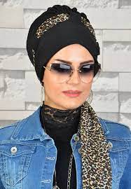 Aise Tesettur Siyah Leopar Fularli Bone Esarp Esarp Leopar Sal