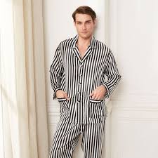 Black And White Striped Silk Pajamas 22mm Classic Men Pajamas Set With Black And White Stripes Mens Pajamas Set Mens Pajamas Pajama Fashion