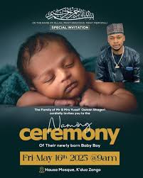Let's join our brother Hajj Yusif Shagari for the naming ceremony of his  son Insha Allah. May Allah keep both the Mother and the Baby safe and may  he enrich the father