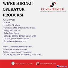 Info loker pt yamaha indonesia motor manufacturing 2021. Lowongan Kerja Pt Asia Pramulia Surabaya Maret 2021