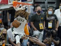 Milwaukee bucks star giannis antetokounmpo threw down an absurd dunk during a saturday win over the orlando magic. Bucks Edge Game 5 Thriller Against Suns To Move Within One Game Of Nba Title Nba Finals The Guardian