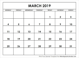 March 2019 Calendar Starting Monday Calendar 2019 Calendar Free Calendar Template